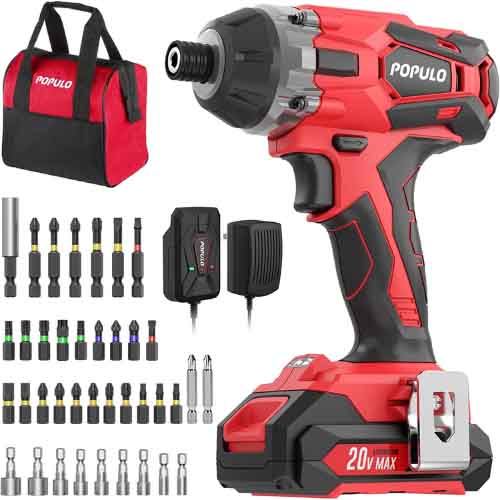 POPULO Impact Driver Kit, 1770 in-lbs 20V Max Lithium Ion Cordless 1-4 Hex Impact Drill